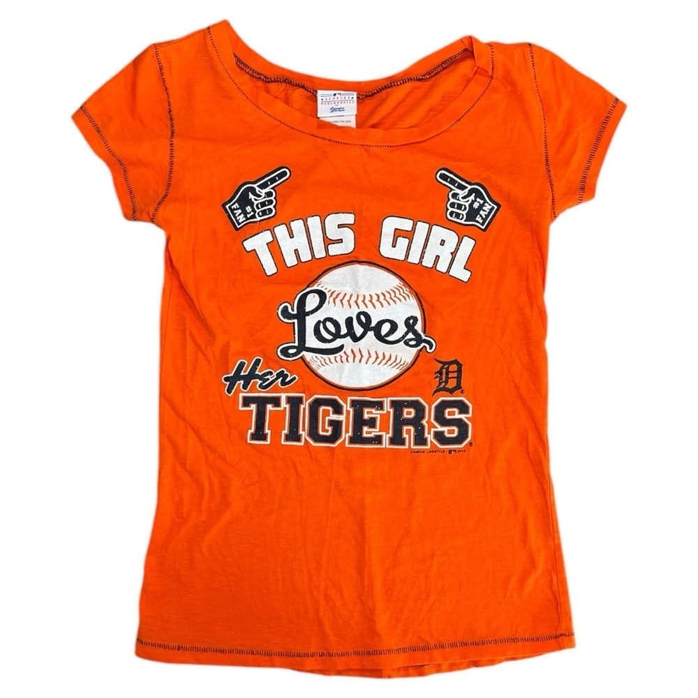 MLB Detroit Tigers Baseball Orange Cap Sleeve Fitted Graphic Logo Tee Size S / P